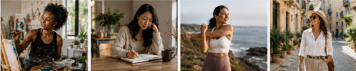 Four women painting, writing, walking outdoors, and traveling.
