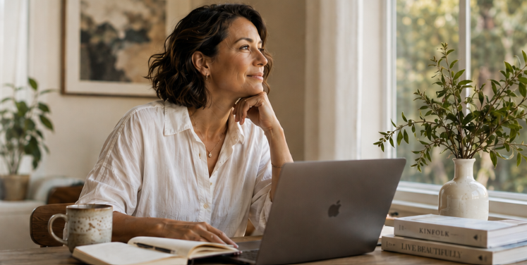 A woman at her desk gazing thoughtfully out the window.